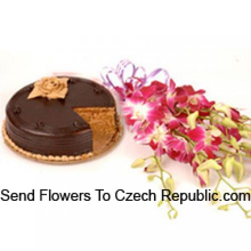 Orchide rosa con deliziosa torta al cioccolato da 1/2 kg