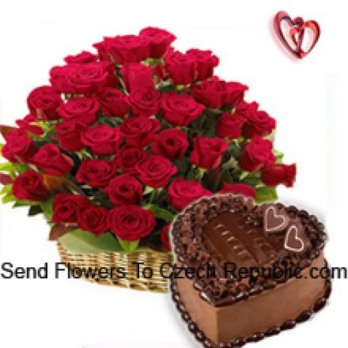 51 Roses Red Basket with 1 Kg Chocolate Cake