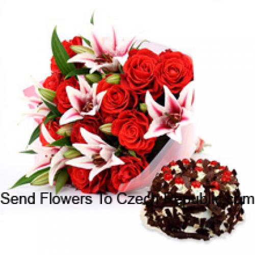 Roses and Lilies with Yummy 1 Kg Choco Crisp Cake