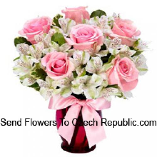 Beautiful Pink Roses and White Alstroemeria