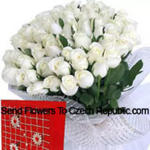 Kori, jossa on 101 valkoista ruusua ja ilmainen tervehdyskortti