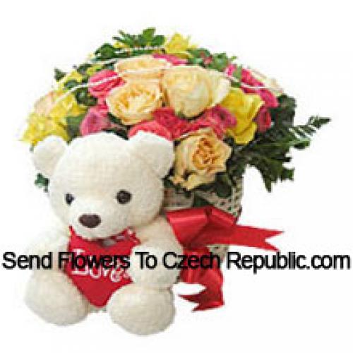 25 Rosas Mixtas con Oso de Peluche