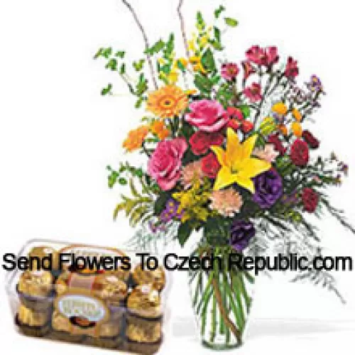 Flores variadas en un jarrón con 16 piezas de Ferrero Rocher