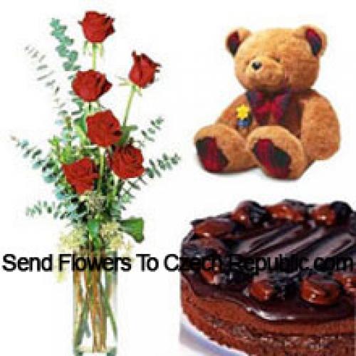 7 Rosas Rojas con Pastel de Chocolate y Oso de Peluche