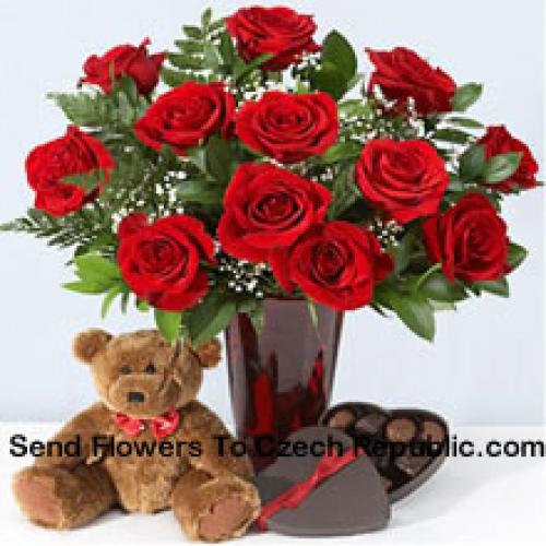 10 Inch Teddy with Chocolate Box and 11 Red Roses