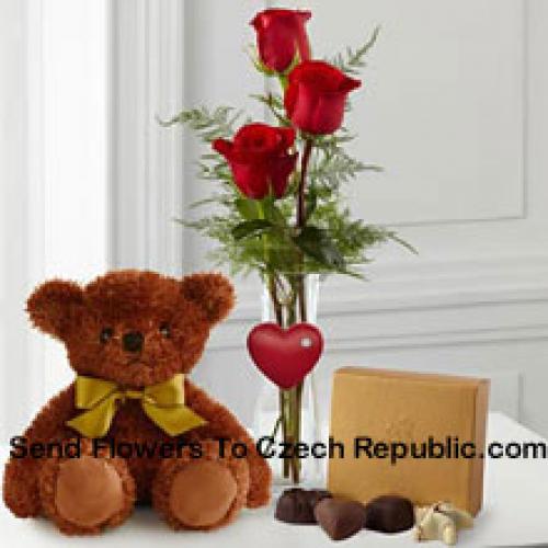 3 Rosas Rojas con Peluche y Chocolates