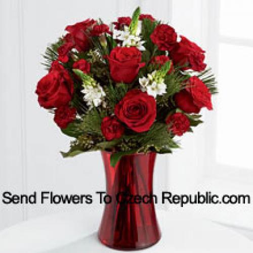 Roses and Assorted Greenery in Red Vase