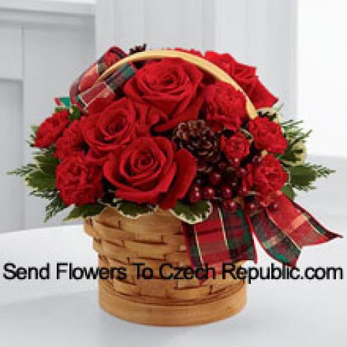 Wooden Basket of Roses and Carnations with Assorted Flowers