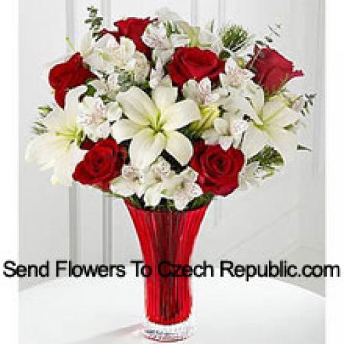 Elegant Red Roses and White lilies in Vase